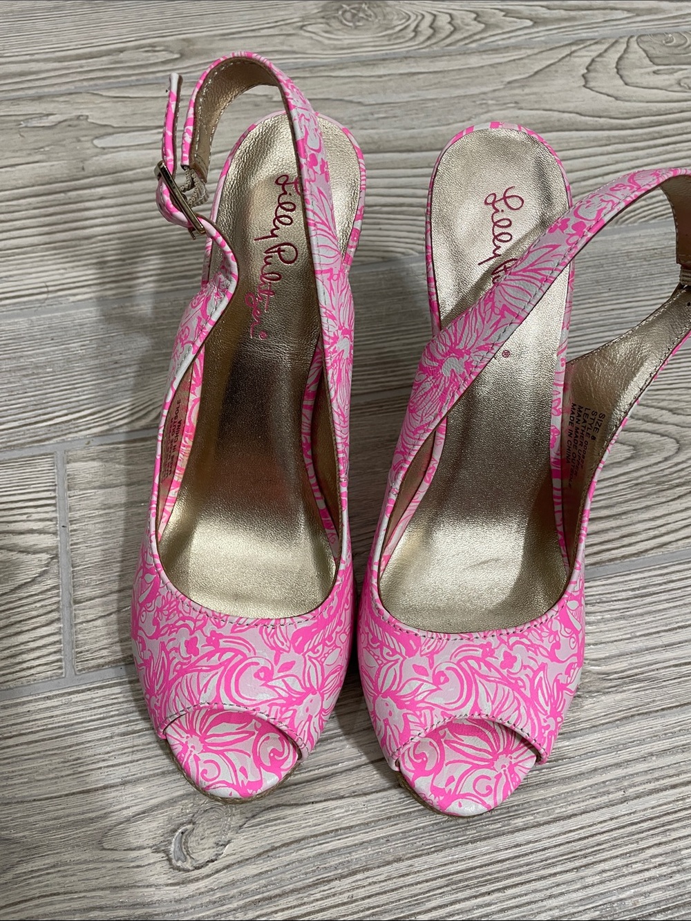 Lilly Pulitzer Krisie Pink Leather
Cork Gold Metallic Wedges